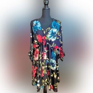 WHITE Birch Floral V Neck Poet Sleeves Midi Dress Size M